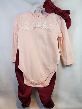 Infant 3 Pc. Pink Lace Bodysuit with Burgundy Bow & Pants Set